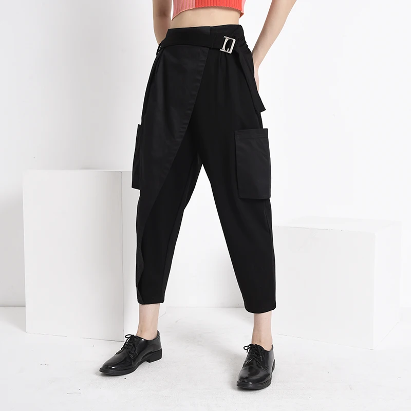 

[EAM] High Elastic Waist Black Pocket Split Long Harem Trousers New Loose Fit Pants Women Fashion Tide Spring Autumn 2021 1Y487