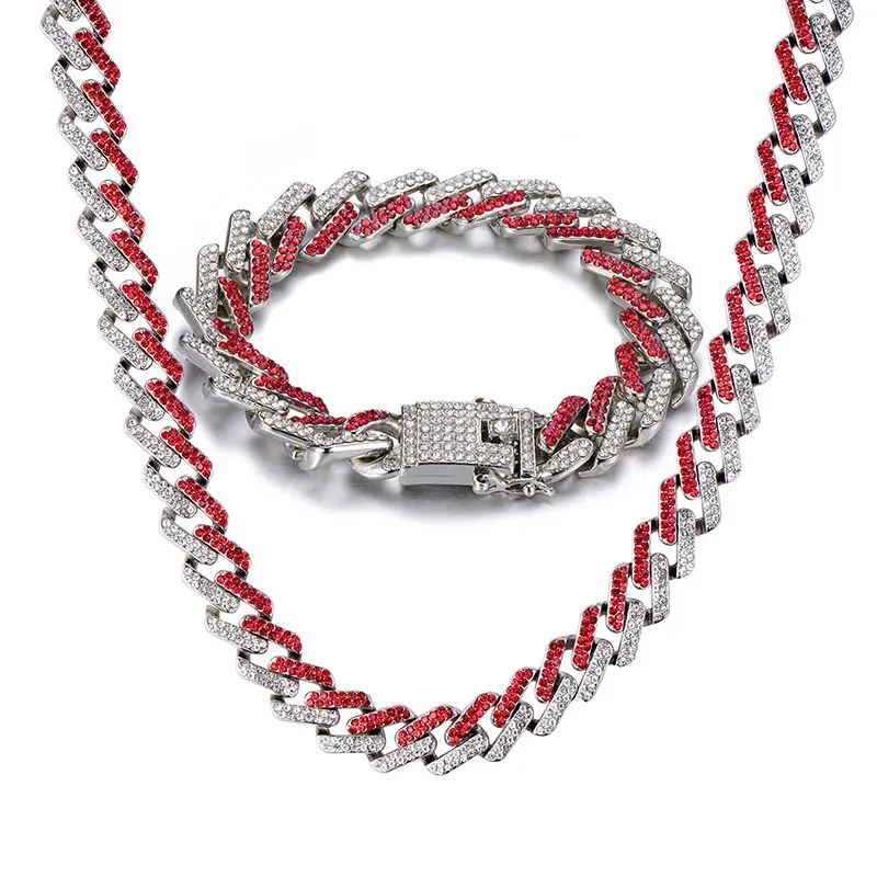Silver and Red Хип-хоп, 1 комплект, 13 мм, Bling Iced Out, циркон, кубинский, полный, проложить горный хрусталь, мужской браслет, ожерелье Золотое серебро для Мужчин, Ювелирные изделия - Окраска металла: Silver and Red