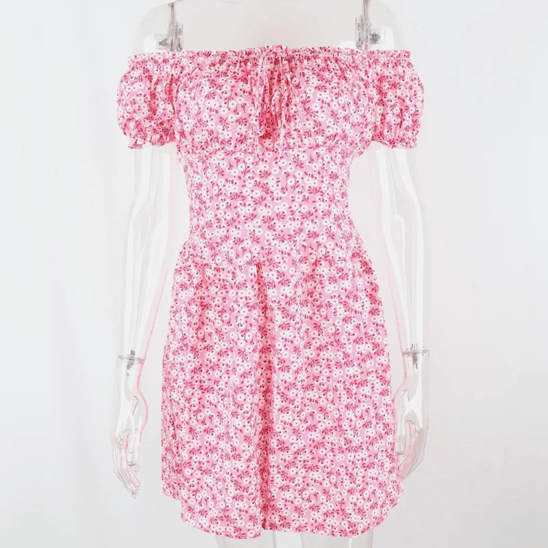 

2021 New Summer Elegant One-shoulder Women Dress Sexy Party Mini Floral Dress Kawaii Lace-up Puff Sleeve Pink Short Dresses