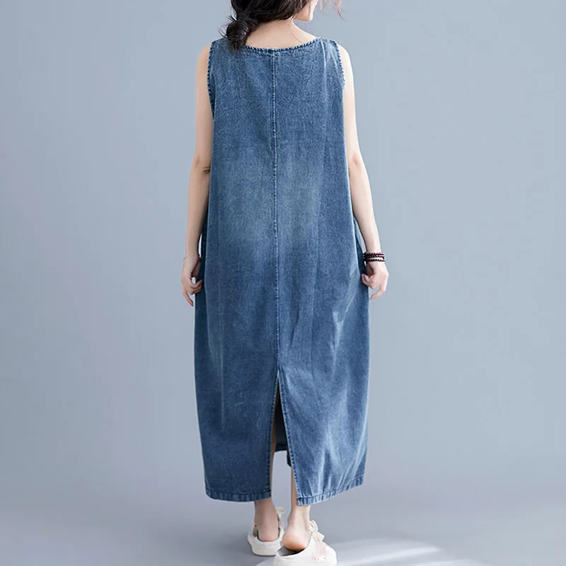 Women Casual Denim V Neck Sleeveless Maxi Dress Vintage Pockets Loose Blue Straps Plus Size Vestidos | Женская одежда
