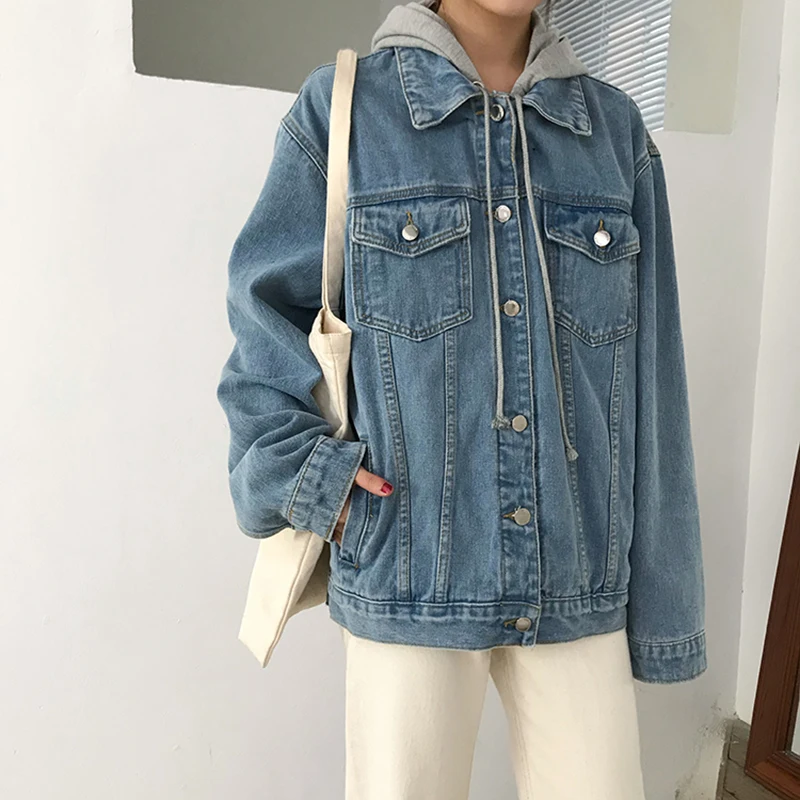 

HWLZLTZHT New 2020 Autumn Women Denim Jacket Loose Hooded Outerwear Basic Coat Boyfriend Style Jeans Tops