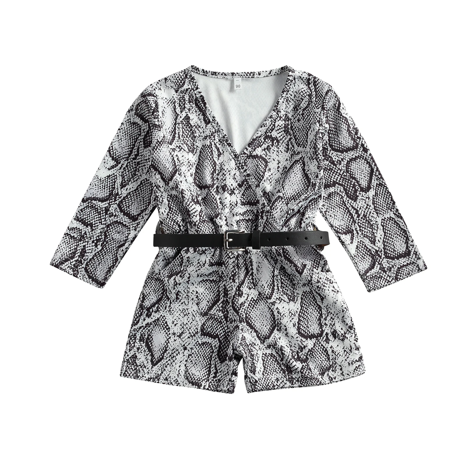 

2021 Brand New Summer Toddler Kids Girl Long Sleeve Romper V Neck Snake Printed Short Jumpsuit Belt Clothes Set Outfits
