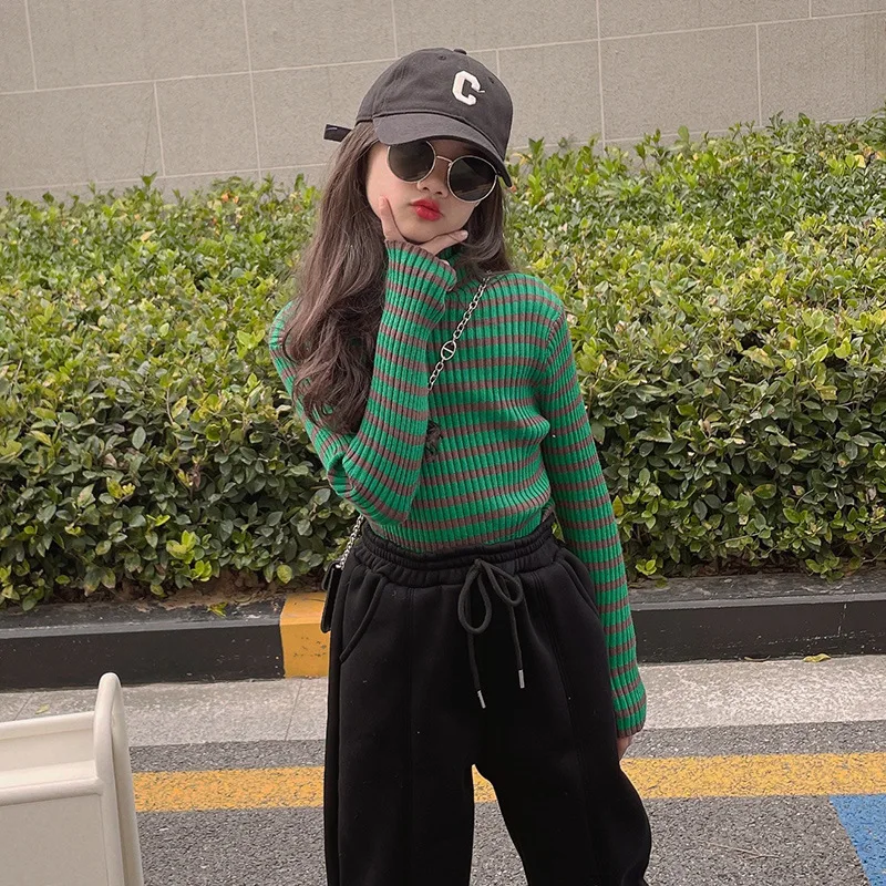 

2022 New Tight Warm Spring Sweaters Teen Girls High Neck Striped Knitted Sweater Kids Children Pullover Tops Fashion Long Sleeve