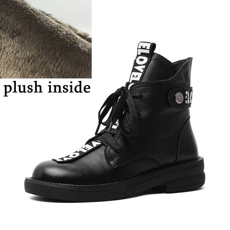 plush inside ALLBITEFO/модные повседневные Брендовые женские ботинки из натуральной кожи на высоком каблуке; высококачественные женские ботильоны; зимние кожаные ботинки - Цвет: plush inside
