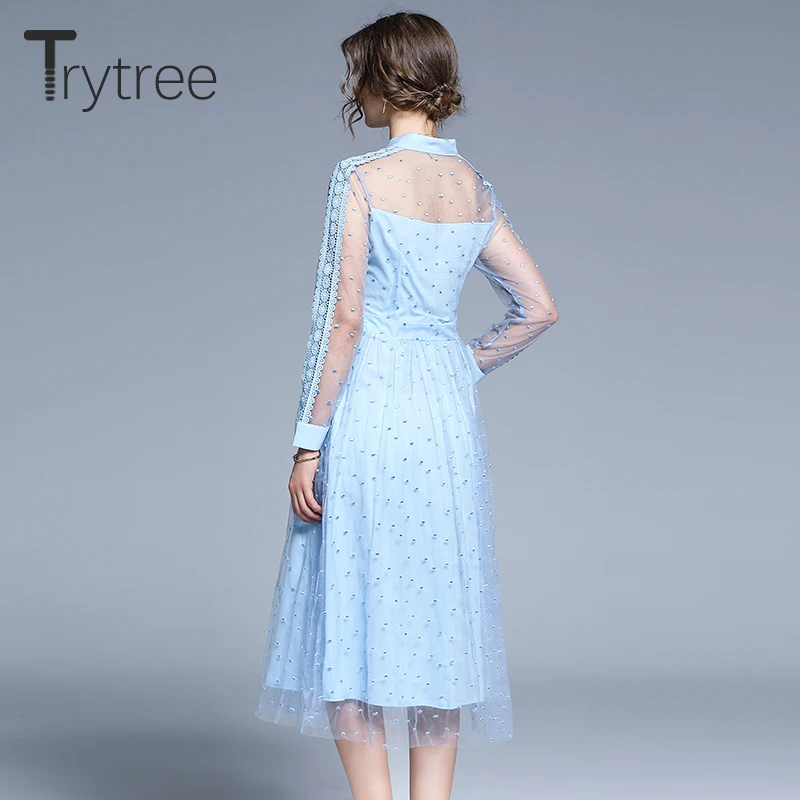 Женское Повседневное платье с вуалью Trytree синее офисное трапециевидной формы до