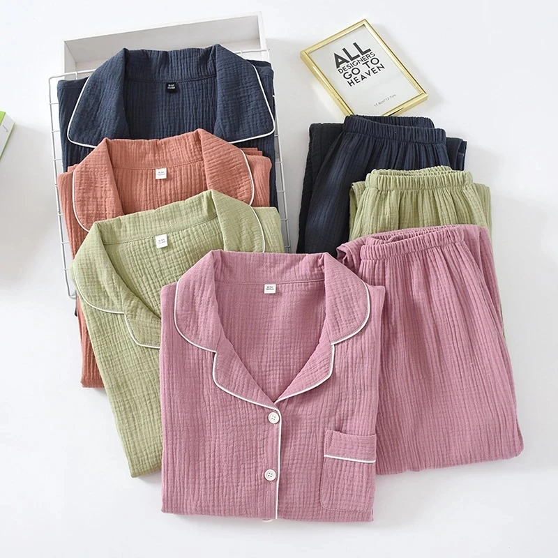

100% Cotton Couple Pajamas Set Double Layer Crepe Pijamas Women and Men Trouser Suits Sleepwear Soft Breathable Nightwear