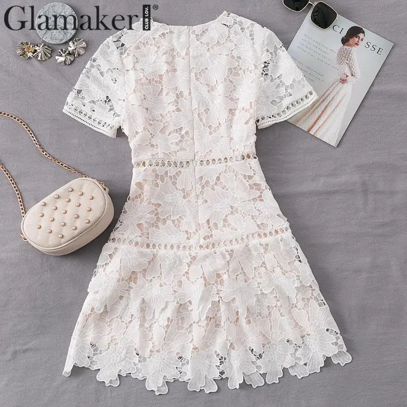 Glamaker, сексуальное белое короткое Кружевное Вечернее Платье, женское осеннее платье трапециевидной формы с цветочным рисунком, элегантные различные модели для девочек