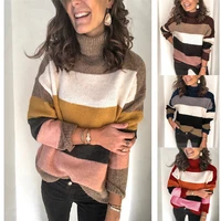 autumn and winter new high neck stitching knit sweater ol plus size ladies striped sweater women
