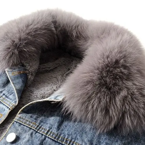 

Winter Korean Real Fur Collar Plush Padded Denim coat Female Loose Single Breasted cotton Parkas Women Loose Warm Student Jeans
