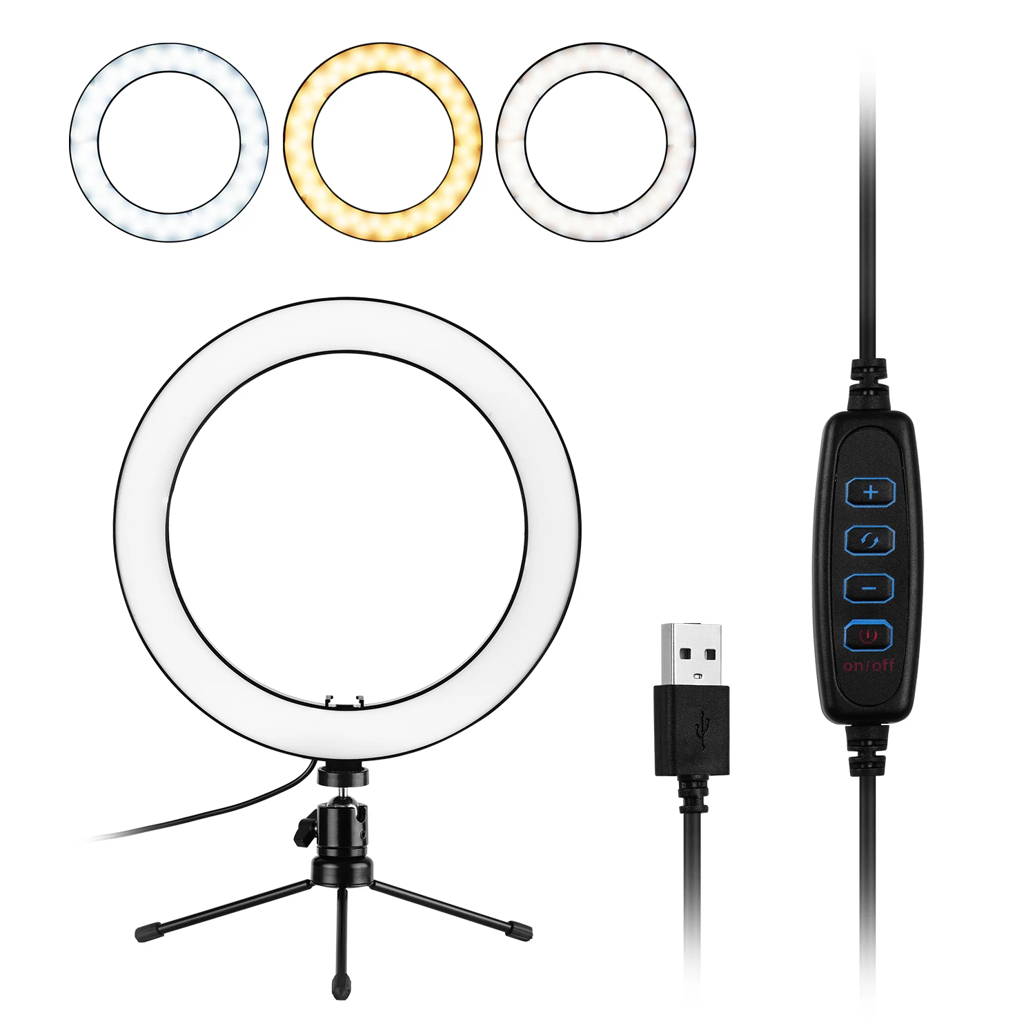 

10inch LED Ring Light Photography Fill-in Lamp 3 Lighting Modes Dimmable USB Powered with Mini Desktop Tripod for Live Recording