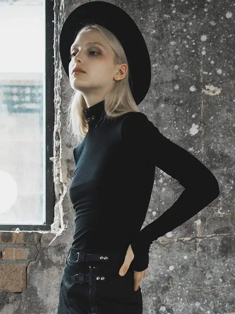 Панк Rave women's Goth с высоким воротом тонкие облегающие черные футболки Красной