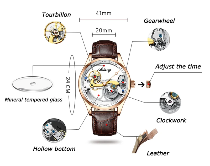 Hollow Out Tourbillon Automatic Men Watch Transparent Dial Male Mechanical Clock Waterproof Genuine Leather Skeleton Wristwatch