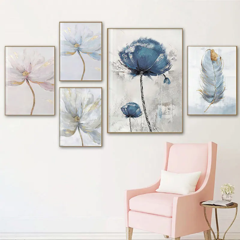 

Abstract Painting Flower Posters Prints Blue Feather Canvas Oil Painting Scandinavian Living Room Wall Art Decorative Pictures