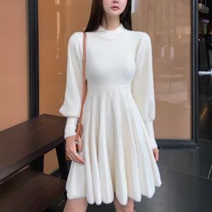 high quality autumn winter knitted sweater dress women korean sweet vestidos long sleeve button casual pull mini dress for women free global shipping