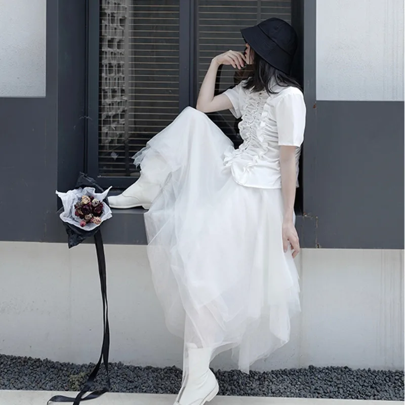 

LANMREM New Women Shirts Pleated Short Sleeve Polo-collar Irregular Loose Fit Simplicity Fashion Tide Summer 2021 2P2140