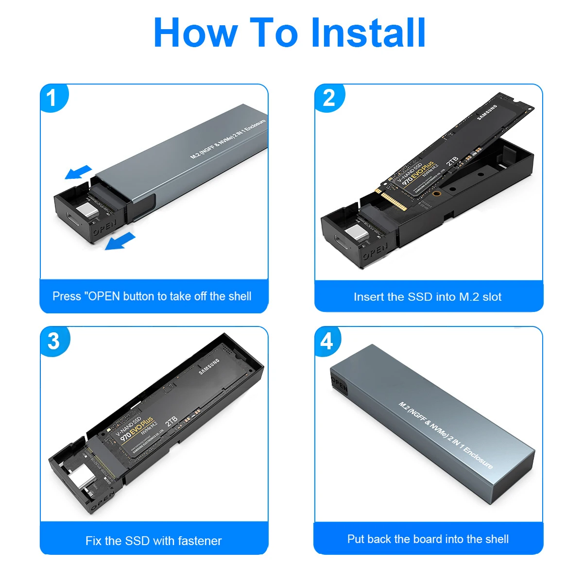 Dual Protocol M.2 NVMe Case USB C Gen2 10Gbps PCIe SSD M2 SATA NGFF 5Gbps Tool Free For 2230/2242/2260/2280 |