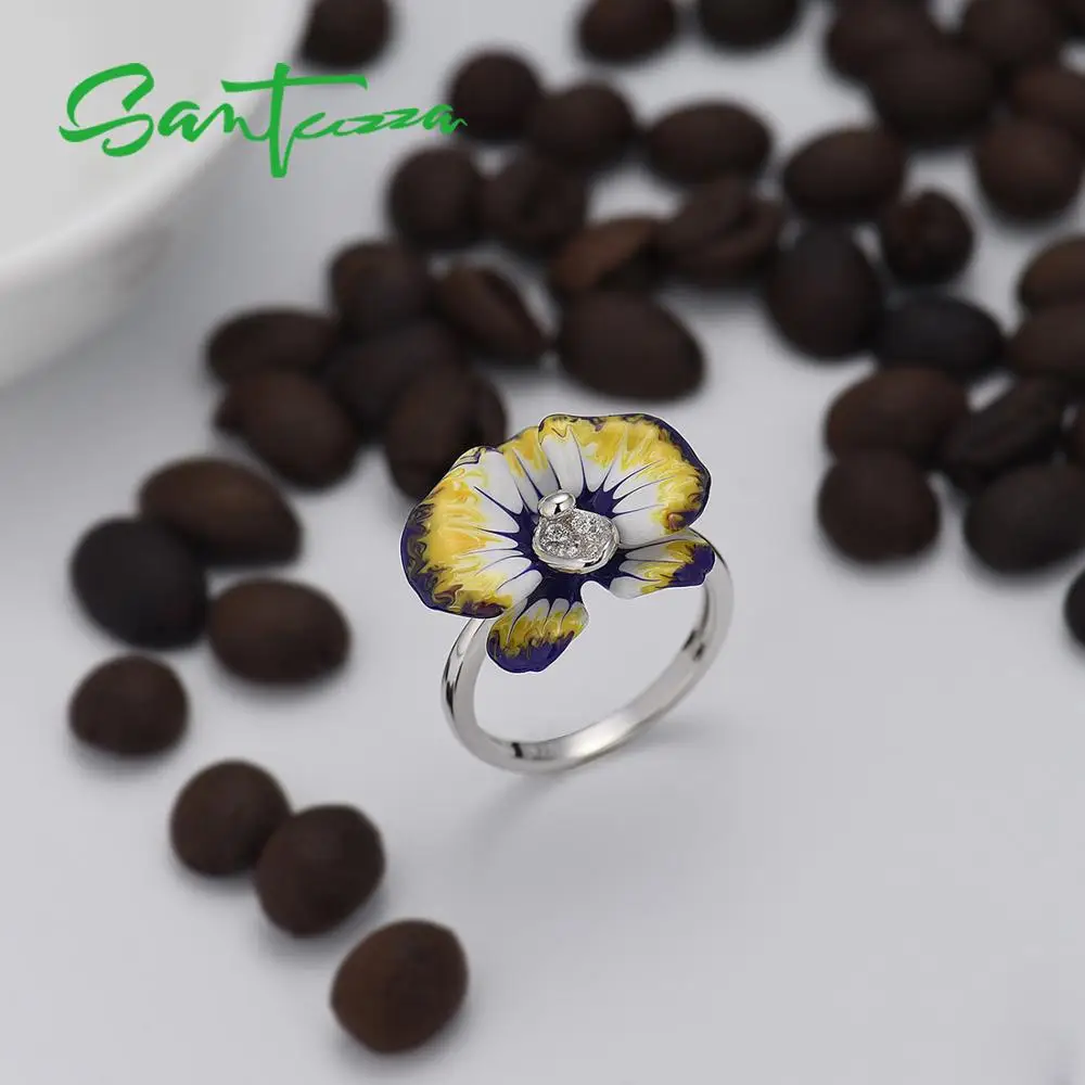 Серебряное кольцо для женщин SANTUZZA, 925 пробы, серебряное, фиолетовое, Цветущий цветок, кольцо с кубическим цирконием, вечерние, шикарные ювелирные изделия ручной работы, эмаль