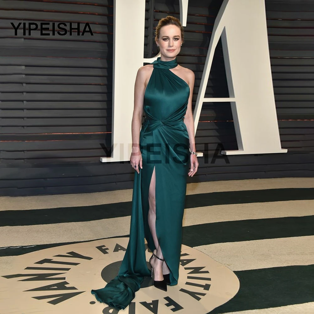 

Sexy Long Halter Dark Green Celebrity Dresses Mermaid Robe De Soiree Floor Length Open Back Side Slit Formal Dresses for Women