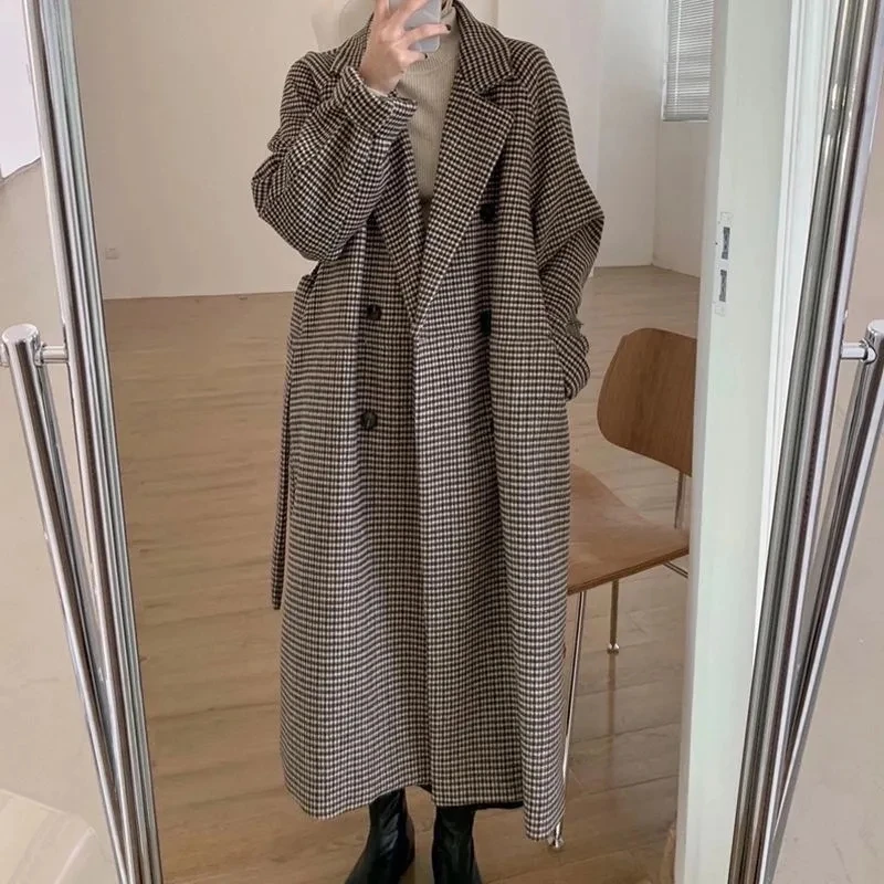 

Long Woolen Coat Women's Plaid Jacket With Sashes Autumn And Winter 2021 New Korean Fashion Loose Thick Winter Coat Female Autum