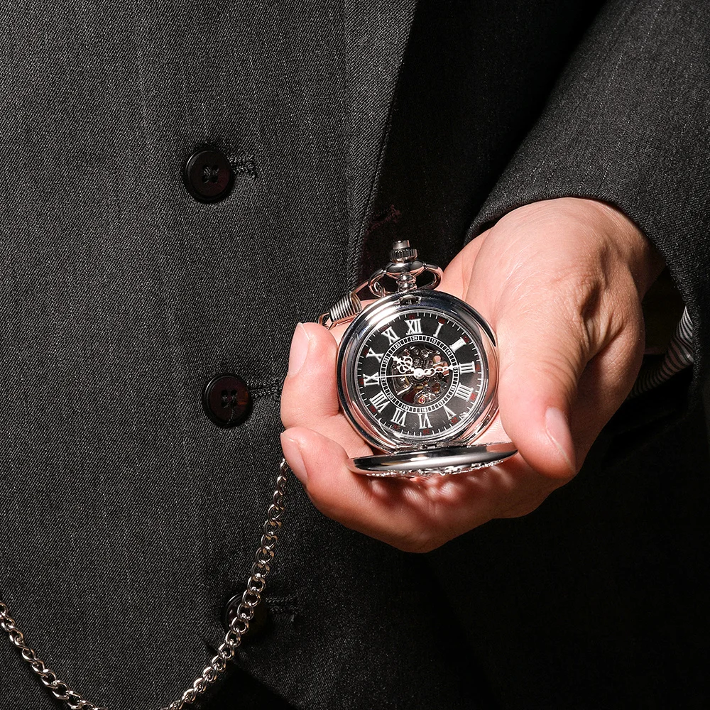 Retro Mechanical Pocket Watch Double Dragon Play Ball Steampunk Skeleton Hand-wind Flip Clock Fob Watch With Chain Gift