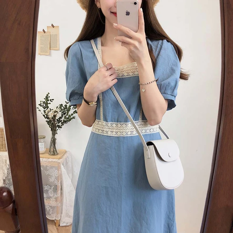 Женское винтажное платье макси из хлопка и льна однотонное средней длины с