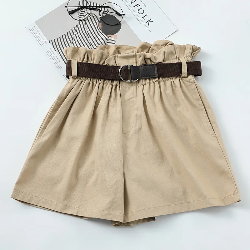 

Korean Simple Solid Summer Shorts With Belt 2020 Loose High Waist Slim Loose Green Shorts Women Black Paperbag Shorts