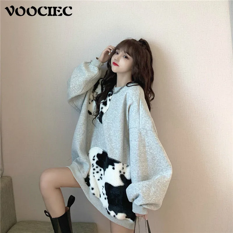 

VOOCIEC Spring/Autumn Plush Fleece Women's Sweater Coat Fashion Cow Spot Stitching College Girl Slim Puff Sleeves Kawaii Sweater
