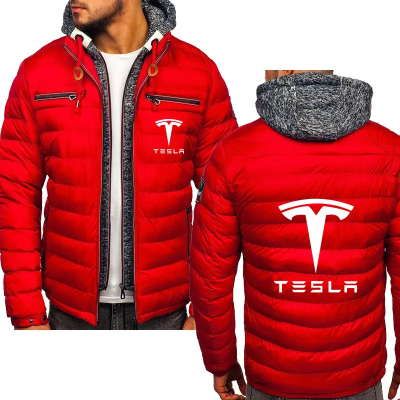 

2021fleece men's cotton jacket Tesla car logo print Winter Fashion casual Men's parka Thickened warm cotton men's hooded jacket