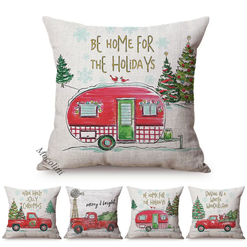 

Рождественский декоративный чехол для подушки в сельском стиле Рождественская елка винтажный автомобильный принт домашний декор хлопковые льняные квадратные подушки для дивана чехол