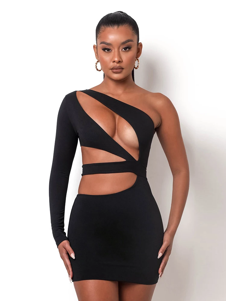 

One Shoulder Sexy Backless Bandage Cut Out Mini Dress Bodycon Outfits Women Long Sleeve Club Party Dresses Clothes