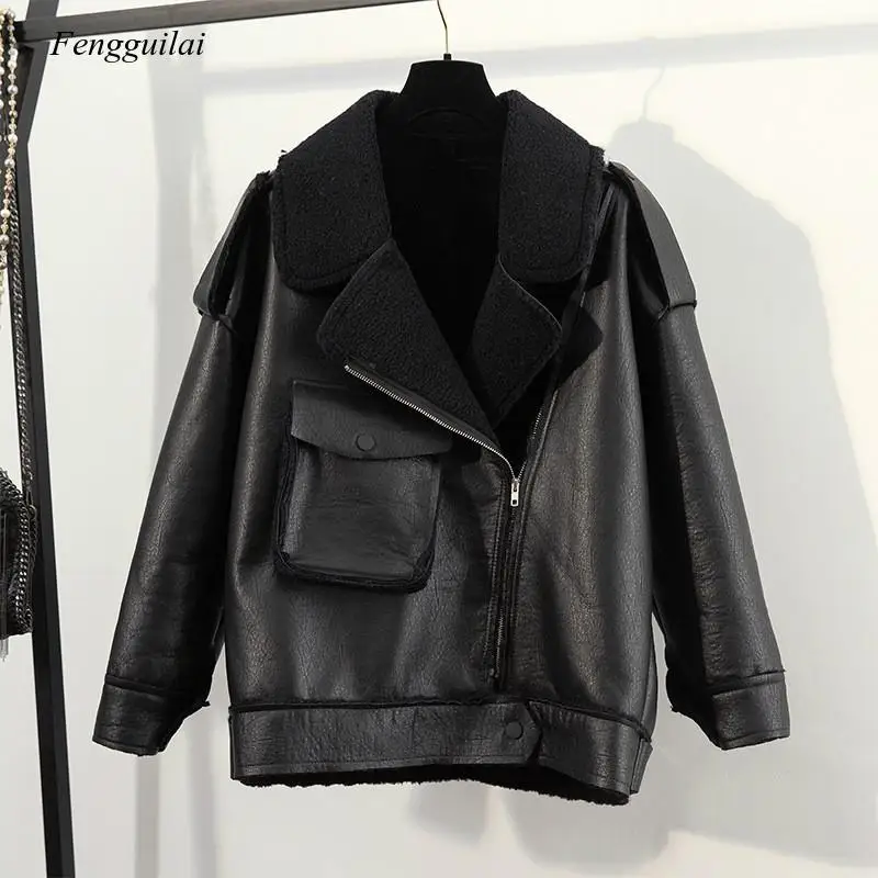 

Winter Women New Short Lamb Fur Coat Loose Thick Motorcycle Biker Coat Matte Pu Leather Pocket Sheepskin Jacket