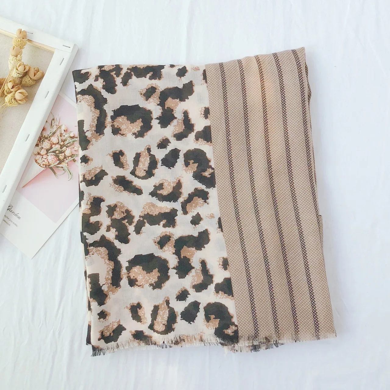 Весенняя новинка Леопардовый принт сшитый хлопковый льняной шарф ручной работы