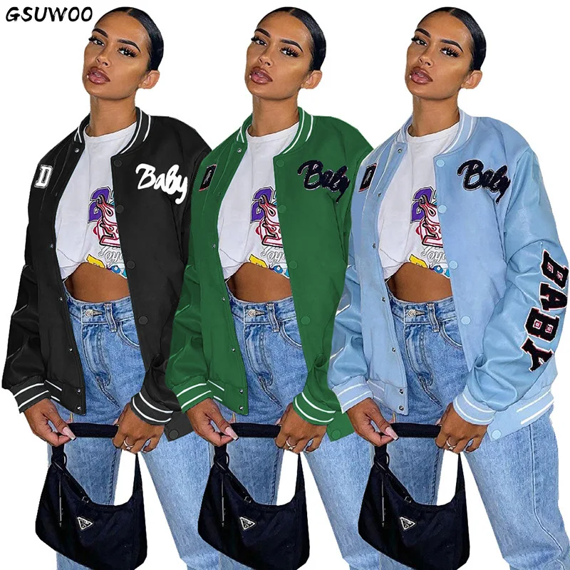 

GSUWOO Autumn BABY Letter Print Fashion Casual Jacket for Women Spring Long Sleeve Boyfriend Style Baseball Jackets Coats S-XXL