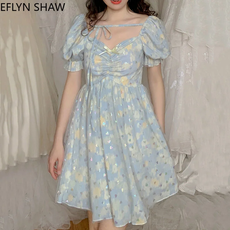 

Vintage Women Summer Dress Love Sequins Blue Mesh Puff Sleeve Chiffon Dress Short Girls Fashion Sweet Mini Party Dress Clothes