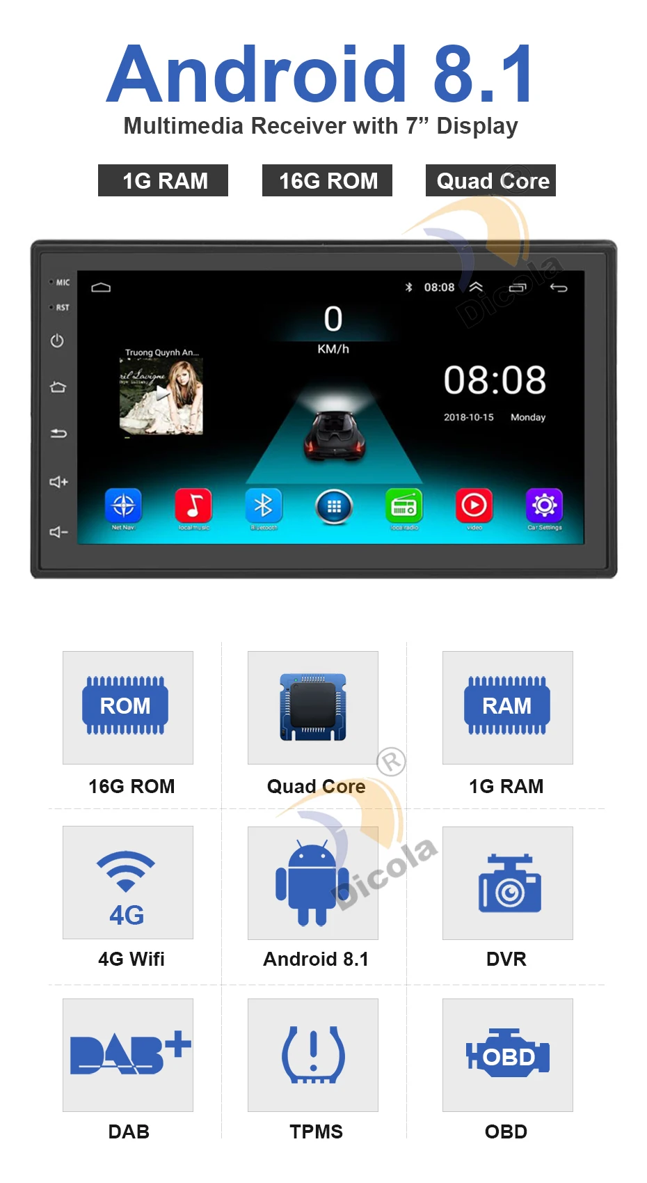 " ips экран 1G 16G Android 8,1 Автомобильный мультимедийный gps 2 DIN универсальный Радио сенсорный экран стерео навигация без DVD плеер с RDS