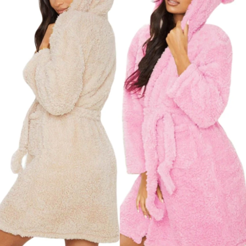 

Women Winter Warm Fluffy Plush Long Bathrobe Cute Cartoon Animal Bear Ears Hooded Kimono Solid Color Super Soft Nightrobe