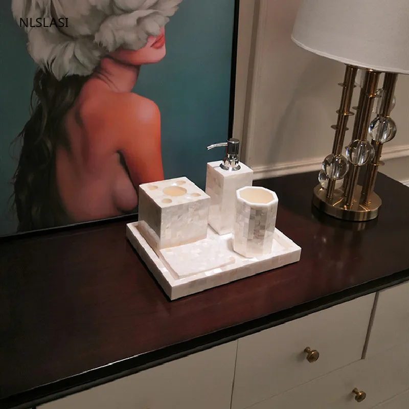 

Four-piece Suit White Shell Bathroom Accessories Set Resin Lotion Bottle Toothbrush Holder Soap Tray Hotel Bath Toiletries