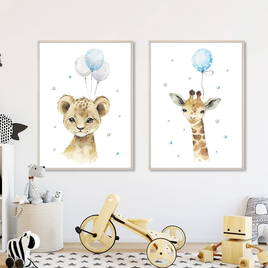 

Cartoon Lion Elephant Giraffe Balloon Blue Watercolor Posters Canvas Painting Wall Art Print Pictures Kids Boy Room Home Decor