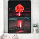 Абстрактная Современная желтая Красная Луна на море Картина на холсте настенные художественные принты и плакаты настенные картины для гостиной