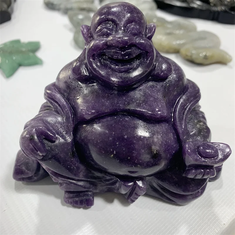 

Оптовая продажа, натуральные высококачественные хрустальные ремесла, кристаллы, лечебные камни, статуя Будды Lepidolite, украшения для домашнего декора