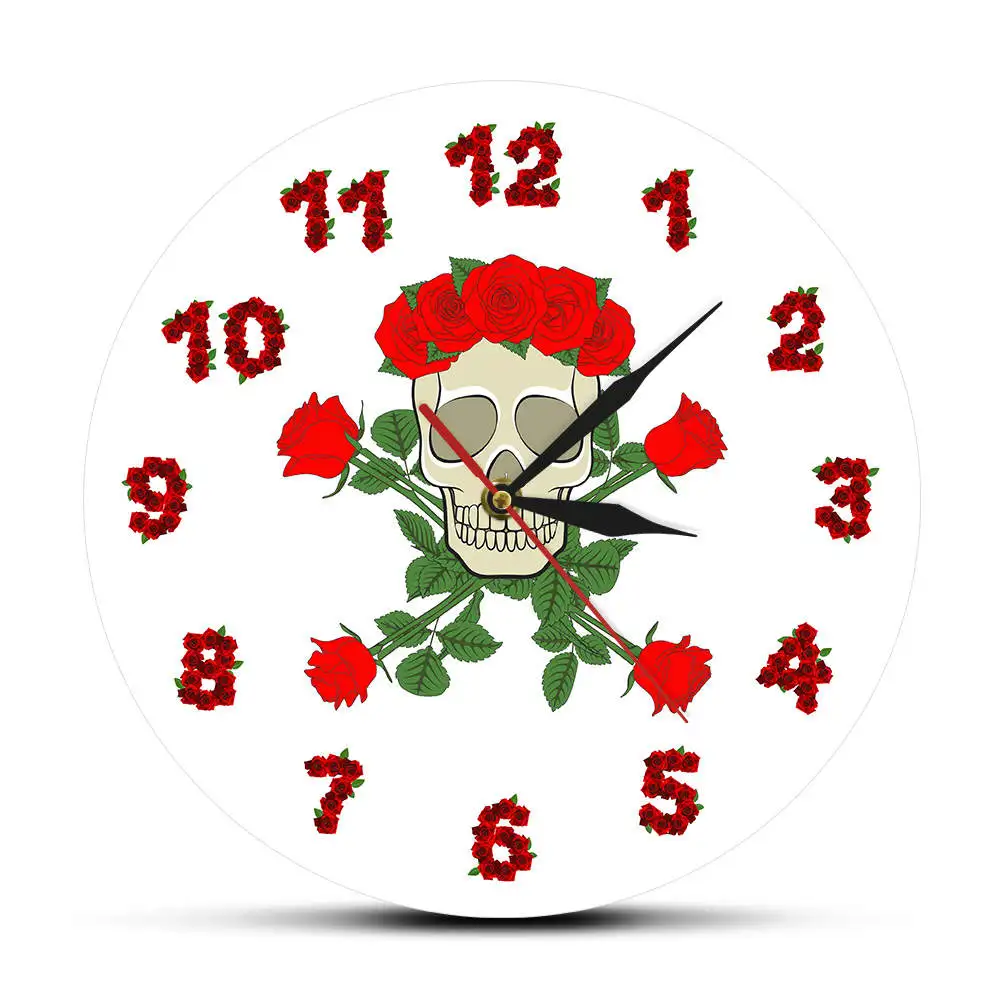 Sweet Skull With Rose Wreath Decorative Wall Clock Skeleton Modern Printed Acrylic Watch Room Decoration For Fever | Дом и сад