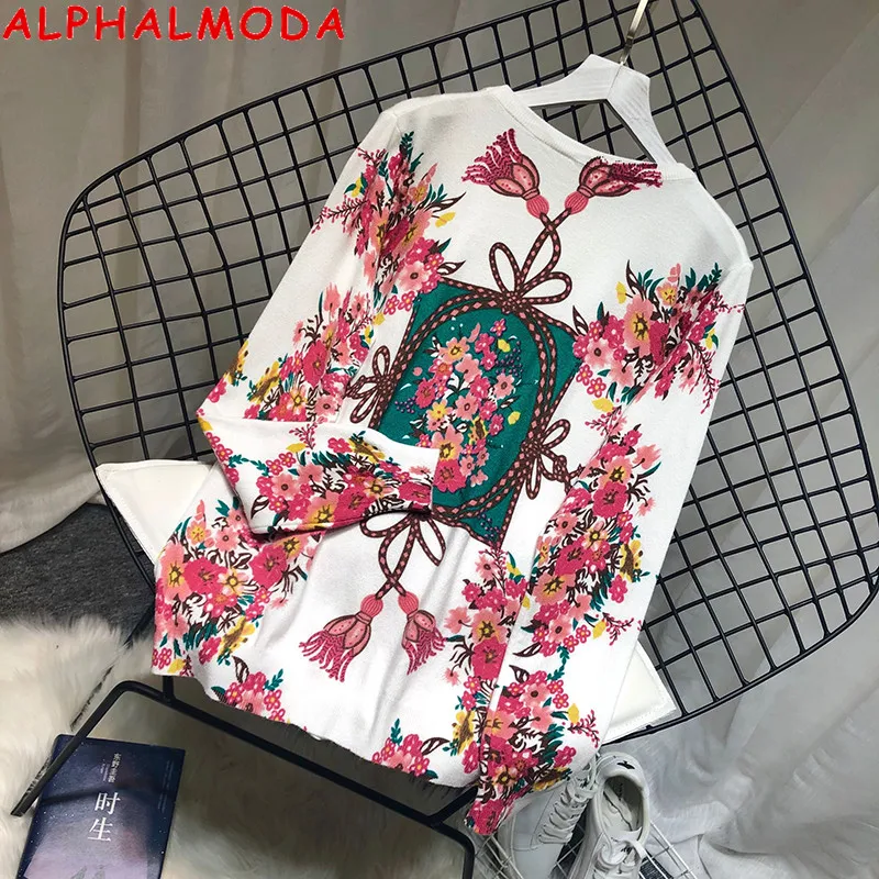 ALPHALMODA цветочные модные женские свитера с принтом круглым вырезом и длинными