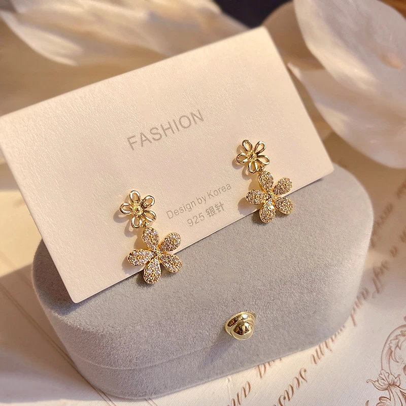 

Trendy Exquisite 14k Real Gold Little Flowers Drop Earrings for Women Girl High Quality Jewelry AAA Zircon S925 Silver Needle
