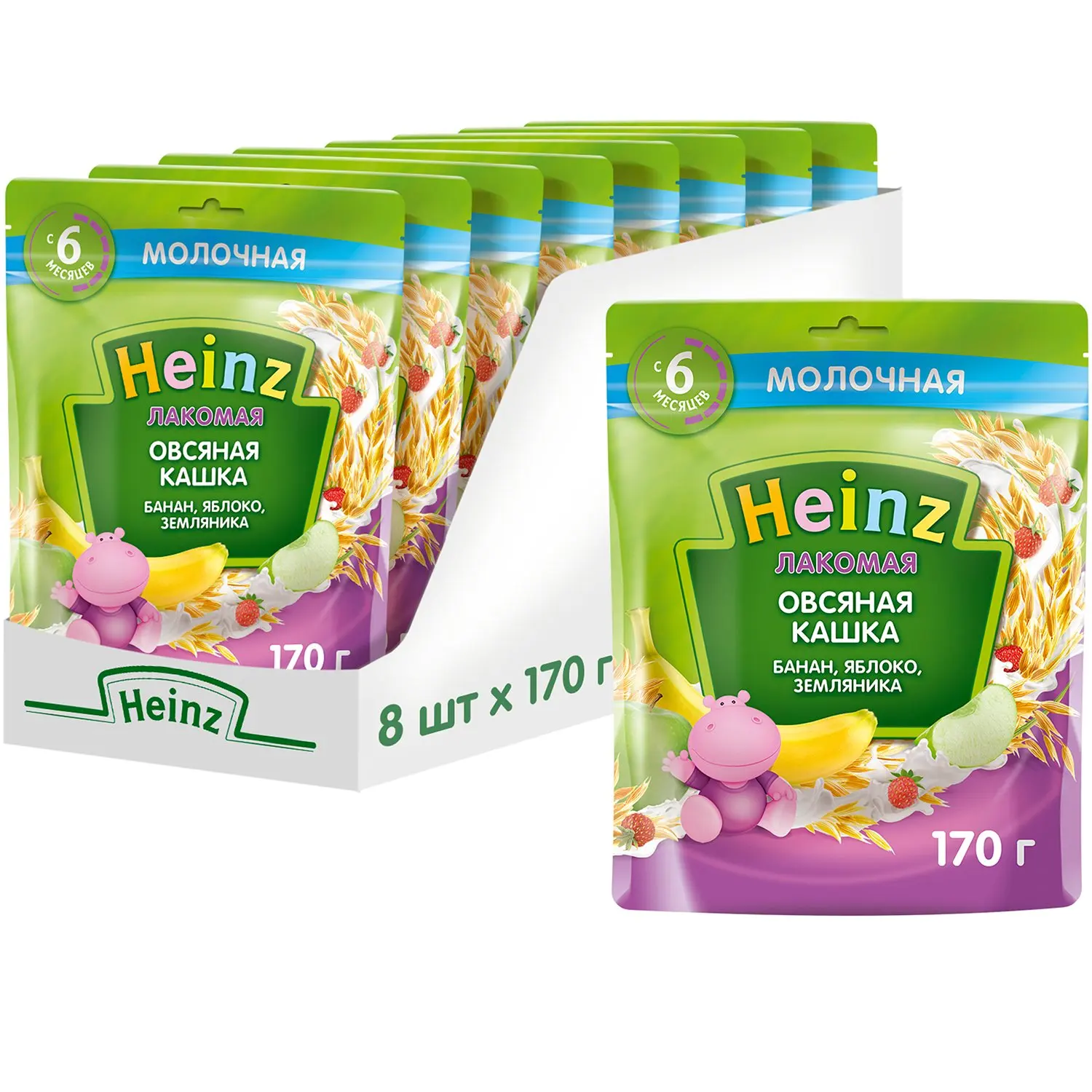 Heinz (пауч) кашка молочная лакомая овсяная яблоко банан земляника 6 мес. 170 | Мать и
