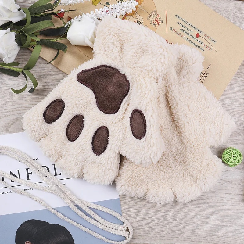 

Winter Women Coral Fleece Keep Warm Thicken Plush Soft Cartoon Cat Paw Cute Lovely Sweety Japanese Style Half-Finger Gloves