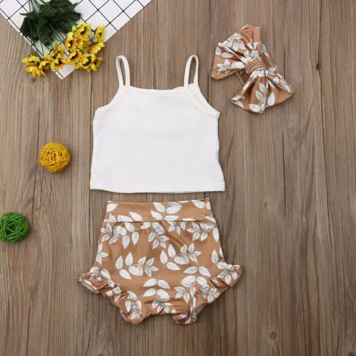 Conjunto de verano de 3 piezas para ni&ntilde;os y ni&ntilde;as, Top con tirantes de encaje, manga corta, pantalones cortos estampados y Diadema con lazo estampado-3