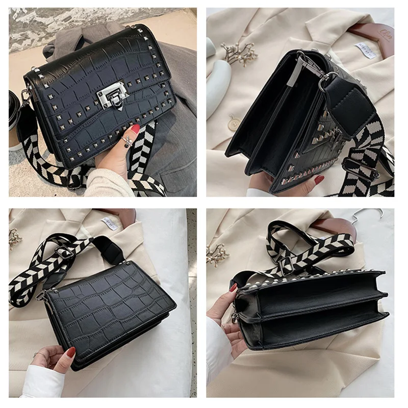 Сумка-мессенджер на застежке с заклепками одно плечо маленькая квадратная сумка