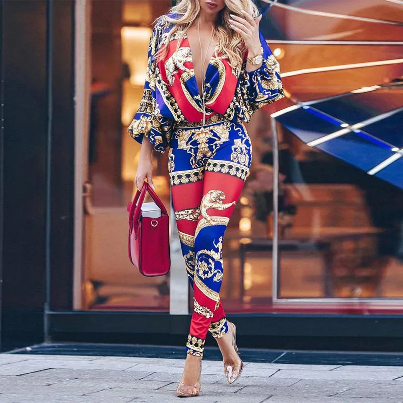 

Colorblock Exotic Print Lantern Sleeve Jumpsuit For Women 2019 Retro Print V Neck Rompers Womens Jumpsuit Casual Summer Overalls