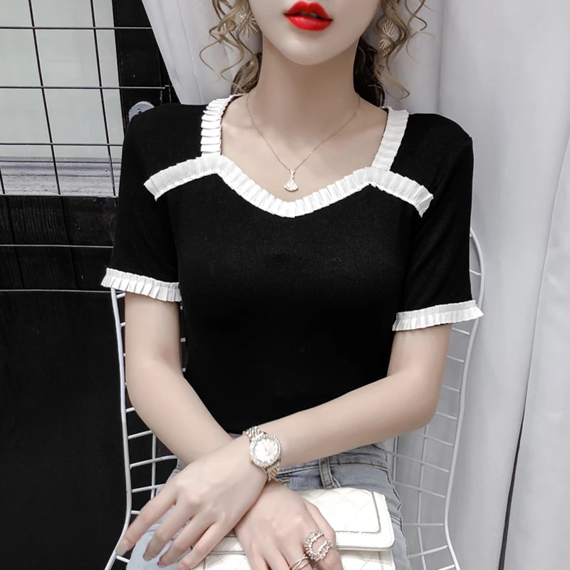 

Женская футболка с квадратным воротником, с коротким рукавом, винтажная трикотажная футболка с оборками, 2020