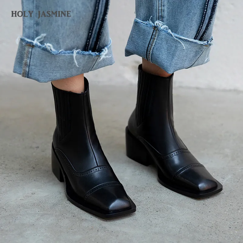 

HOT Genuine Leather Women Ankle Boots Spring/Autumn Carved Slip-On Chelsea Boots High (5cm-8cm) Botas Mujer Invierno